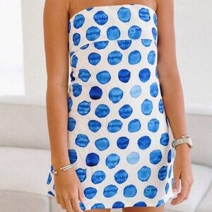 Blue Polka Dot Strapless Dress